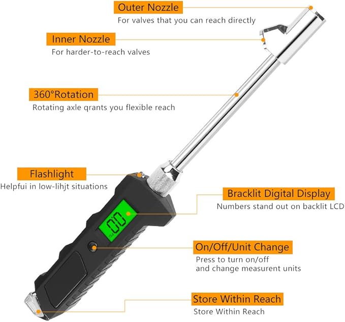Digital Tire Pressure Gauge 230 PSI Auto Shut Off LCD Backlight Digital Display RV Heavy Duty Dual Head Rotatable Pressure Measuring Valve with LED Flashlight for RV Car Truck Motorcycle
