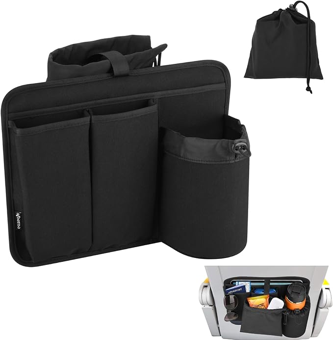 Airplane Seat Back Organizer, Flight Travel Organizer with 3 Metal Clips for Seat Back, Foldable Seatback Hanging Pocket with Storage Bag for Tablet, Passport, Phone, Water Bottle