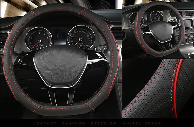 D Shape Car Steering Wheel Cover, Universal 15 inch Stitching Color Anti-Slip Steering Wheel Protector, Red and Black Style (