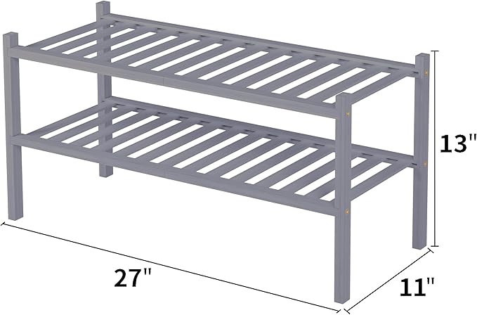 ROMGUAR CRAFT 2 Tier Bamboo Shoe Rack for Closet Free Standing Wood Shoe Shelf for Entryway Small Space Stackable 27"x11"x13"