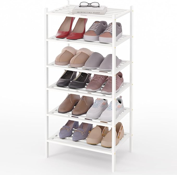 Smiry Small Bamboo Shoe Rack 6-Tier, Stackable Wooden Shoe Organizer for Entryway & Closet, Free Standing Wood Shoe Storage S