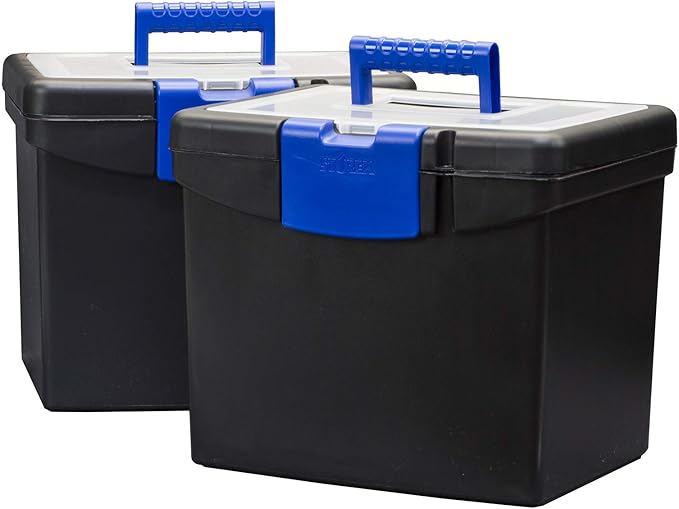 Storex Portable File Box, with Lockable XL Supply Storage Lid and Carry Handle, Black/Blue, 10.9 x 11 x 13.25 Inches, 2-Pack 