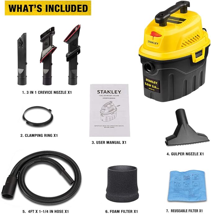 STANLEY 3 Gallon Wet Dry Vacuum, 3 Peak HP Poly 2 in 1 Shop Vac with Powerful Suction, Portable Shop Vacuum Car Vacuum W/ 3 H