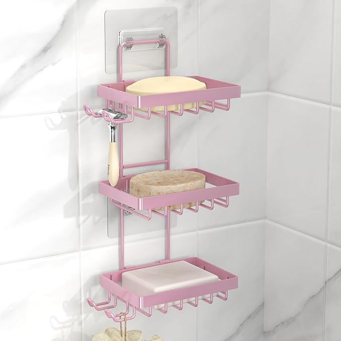 Moforoco 3 Tier Pink Soap Dish Holder for Shower Wall, No Drilling, 304 Stainless Steel, Soap Bar with 4 Hooks and Razor Hold