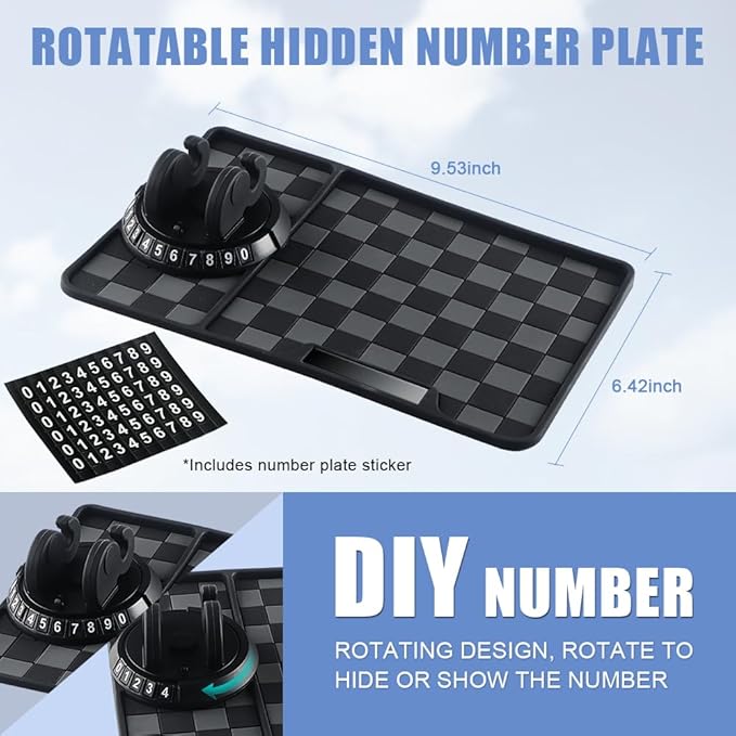 Car Anti Slip Mat Dashboard Tray Decorations Sticky Pad Thicken Washable with 360° Rotating Universal Phone Pad Holder+Number