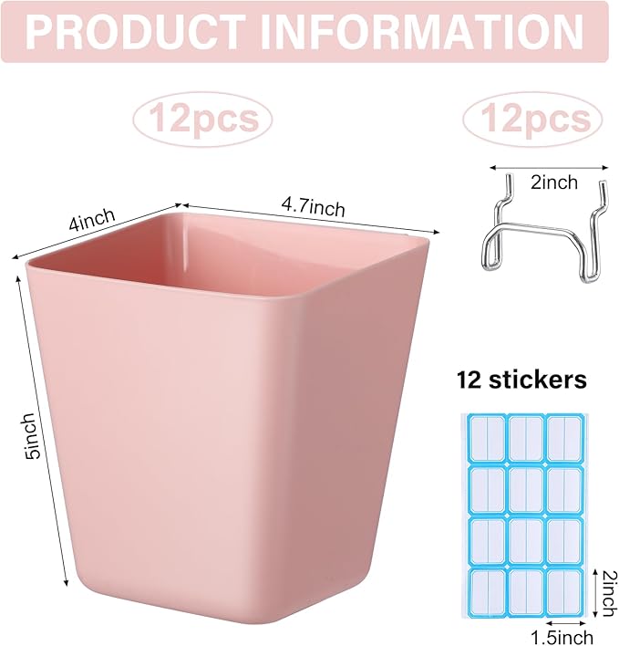 Namalu 12 Pack Pegboard Storage Bins with Labels and Hooks Bulk Peg Board Organizer Accessories Hanging Cup Organizer Pegboar