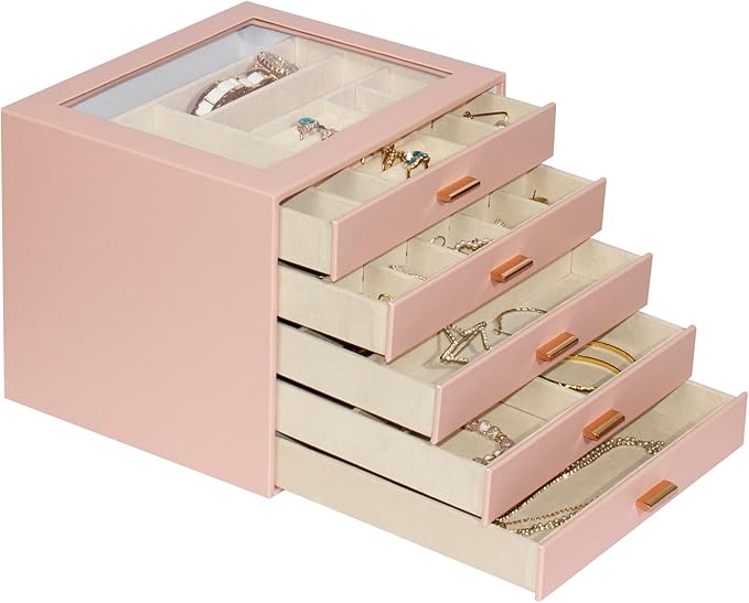 Jewelry Box with Glass Lid, 5-Layer Jewelry Organizer for Women Girls, PU Leather Display Case with 20-Grid Earring Tray & Mo
