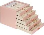 Jewelry Box with Glass Lid, 5-Layer Jewelry Organizer for Women Girls, PU Leather Display Case with 20-Grid Earring Tray & Mo