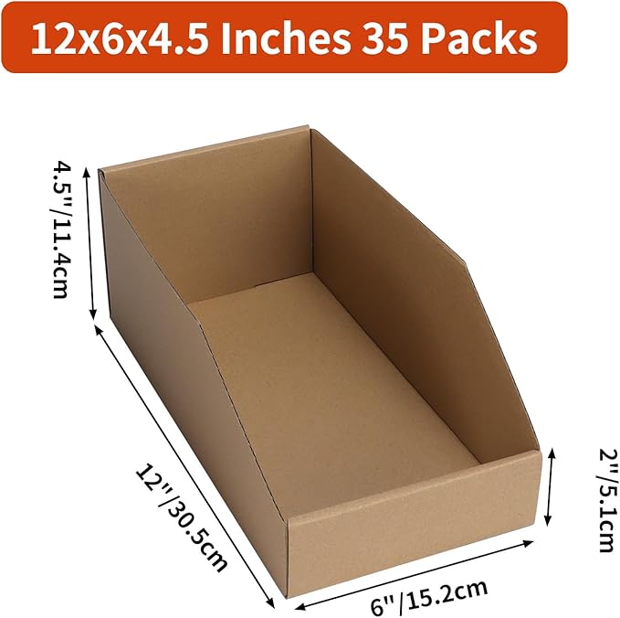 ZBEIVAN Corrugated Cardboard Storage Bins,12x6x4.5inch, 35 Packs, Brown