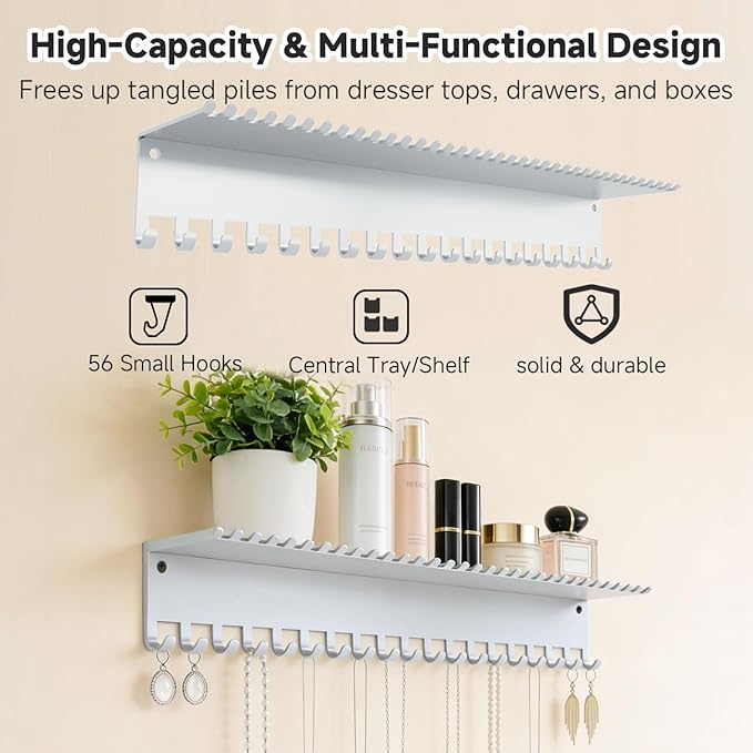Necklace Jewelry Holder Wall Hanging Organizer Hangers Storage Mounted Shelf with 56 Hooks Tray Display Girls Women Metal Doo
