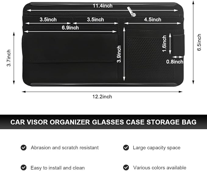 Car Sun Visor Organizer, Soft Leather Auto Sunshade Glasses Storage Bag with Multi-Pocket Net Zipper, Scratch-Resistant Vehicle Visor Pocket Eyeglasses Case Note Holder (Black)