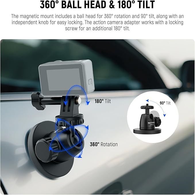 NEEWER Basics Magnetic Camera Mount for Action Camera Compatible with GoPro Insta360 DJI AKASO Accessories, Strong Magnet 360° Ball Head Mount for Car Video Recording Live Streaming, GP-101