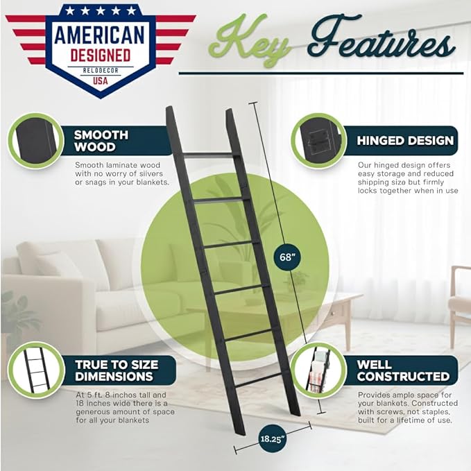 Blanket Ladder for The Living Room and Bedroom, 5ft 8 inch, 6-Tier Wall Leaning Laminate Snag Free Material (Black) Rustic De