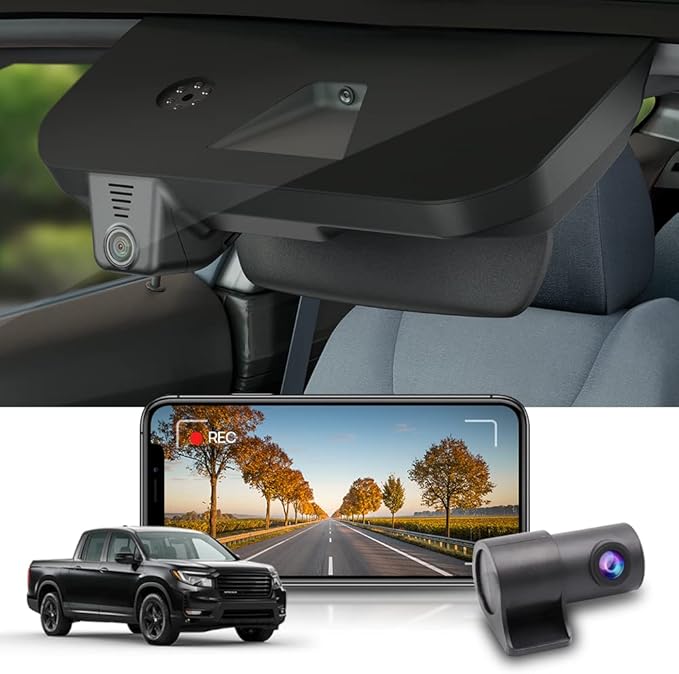 Fitcamx Front 4K+Rear 1080P Dash Cam for 2017-2025 Honda Ridgeline (DZ-0337) RT RTS RTL Trail Sport Black Edition, OEM Look, 