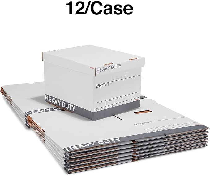 Staples Storage & Filing Box, Heavy-Duty with Handles & Removable Lid, Letter & Legal Size Documents, Stackable, 12-Pack, Whi