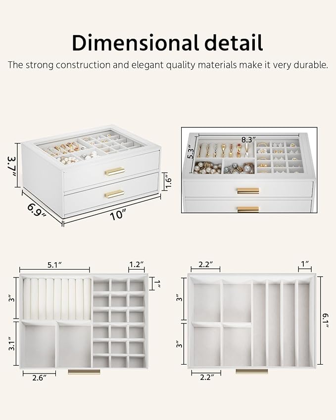 AKOZLIN Jewelry Box with Clear Lid Functional Leather Jewelry Storage Organizer Case 2 Drawers for Women Girls Necklace Ring 