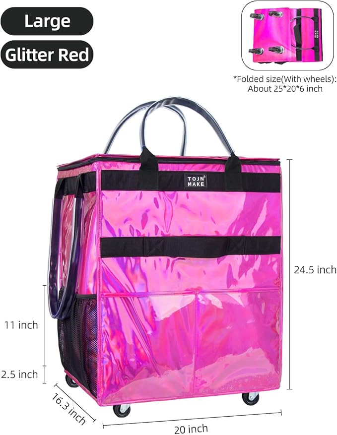 Reusable Grocery Bag with Wheels (Large, Glitter Pink), Shopping Trolley with 8 Pockets and Zipper Cover Foldable Rolling Tote for Women, Kitchen, Travel, Carries Up to 76LBS