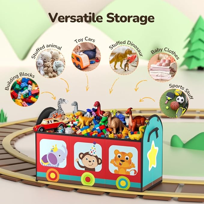 YOHOOLYO Toy Storage Organizer for Kids, 28.3x12.6x17.3 Large Sturdy Flip-Top Toy Box with Fabric Lid & Handles, Cute Train D