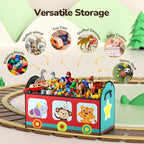 YOHOOLYO Toy Storage Organizer for Kids, 28.3x12.6x17.3 Large Sturdy Flip-Top Toy Box with Fabric Lid & Handles, Cute Train D