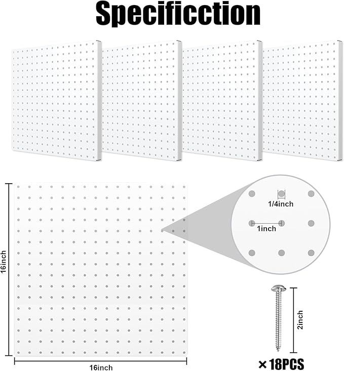Peg Board, 16”×16”Large Heavy Duty Metal Pegboard Panels with Frame White PegBoard Display 4 Packs Peg Boards for Walls, Disp
