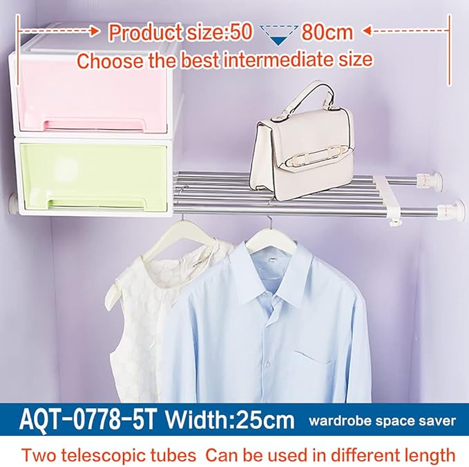 Hershii Expandable Closet Tension Shelf Rod Adjustable Storage Rack Heavy Duty DIY Organizer Divider for Wardrobe Cupboard Ki