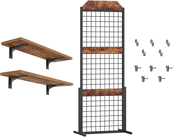 HOOBRO Floating Shelves for Wall, Grid Wall Panel 1.7' x 5.6' Ft Grid Display Rack, 15.4" Wall Mounted Shelves Set of 2, Grid