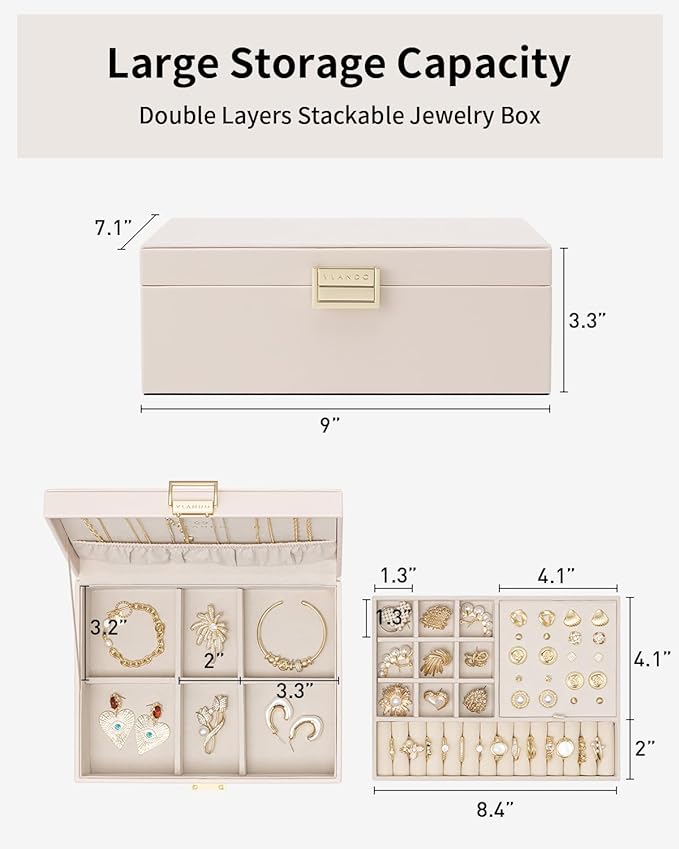 VLANDO 2 Layer Jewelry Box Large Jewelry Organizer for Women Removable Jewelery Tray for Necklace Earrings Rings Bracelets Mo