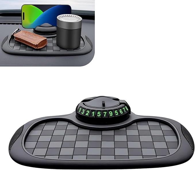 Multifunction Car Anti-Slip Mat, Storage Pad & Rotatable Phone Holder & Parking Number Plate, 9.2" x 7" Organizer Pad for Pho