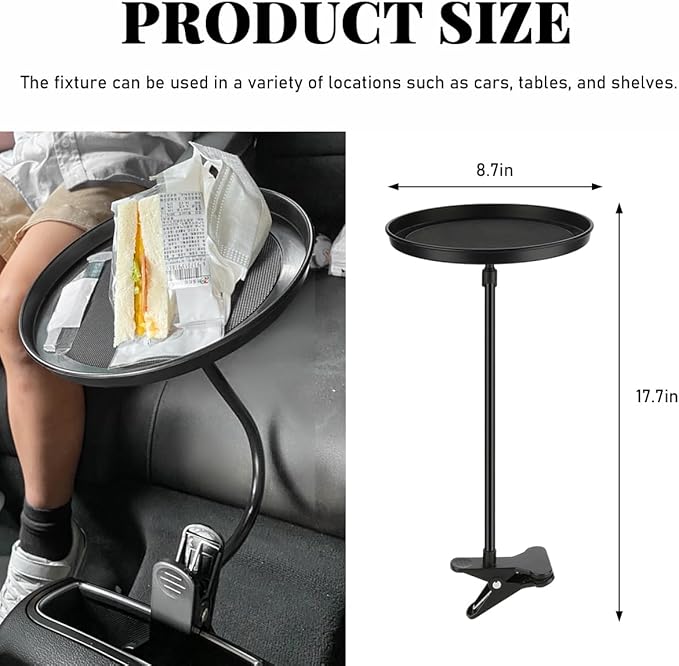 povtii Car Adjustable Food Tray, 360 Swivel Car Food Tray, 8.7 Inch Diameter, Non-Slip Clip Type Snack Tray, Black