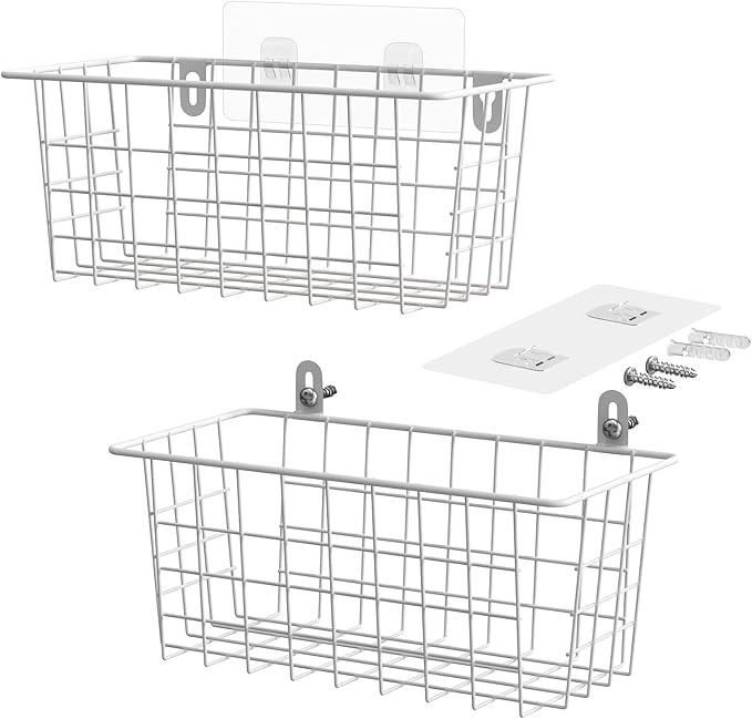 MaraFansie Hanging Kitchen Baskets Wire Storage Basket Adhesive and Screws Basket Over the Cabinet Door Organizer with Adhesi