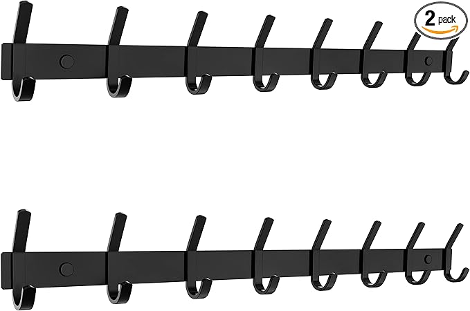 Matte Black Coat Rack Wall Mount – 24 Inch Stainless Steel Hook Rail with 8 Double Coat Hooks – Wall Mounted Entryway Organiz