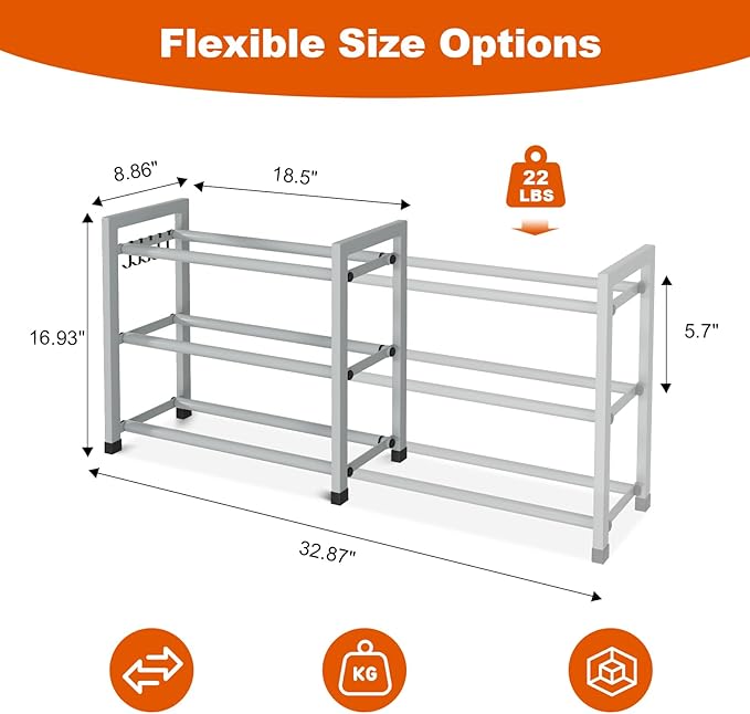 Expandable Shoe Rack for Closet Adjustable Metal Shoe Rack for Entryway 18.5"-33" Free Standing Shoe Organizer 12 Pairs with 