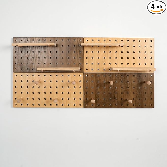Brown & Beige Wood Pegboard Modular Display Wooden Pegboard Combination Wall Organizer Storage Wall Hooks Shelf for Home, Off