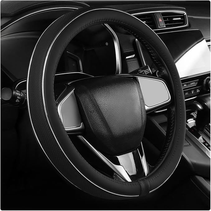 Yourkar Leather Steering Wheel Cover, Breathable Anti-Slip Car Steering Wheel Protector for Max Diameter 15 Inch, Universal A
