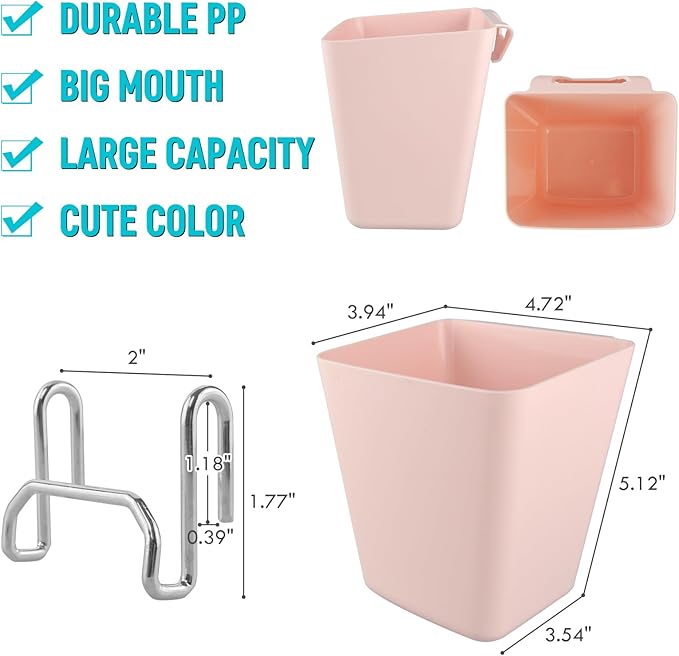 G.CORE Large Grid Wall Bins - 6Pack Pink Gridwall Accessories Hanging Cups with Back Hooks - Plastic Grid Wall Panels Organiz