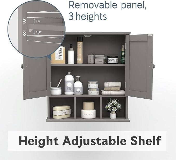 TaoHFE Grey Bathroom Cabinet,Bathroom Wall Cabinet with 2 Door Adjustable Shelves,Over The Toilet Storage Cabinet,Bathroom Ca
