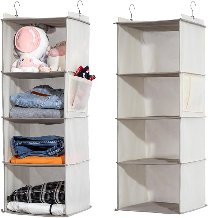 2 Packs Hanging Closet Organizer, 4-Shelf Closet Organizers and Storage with Side Pockets, Collapsible Hanging Shelves for Cl