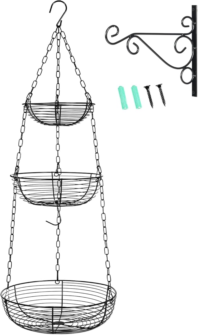 HULISEN 3 Tier Hanging Fruit Basket with Banana Hook, 36-Inch Heavy-Duty Wire Hanging Baskets for Kitchen Storage, Vegetable 