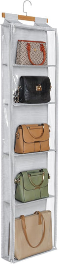 Syeeiex Hanging Handbag Purse Organizer with Zippers, 5 Mesh Shelves,Clear Slubbed Fabric+PVC Hanging Closet Bag Organizer, D