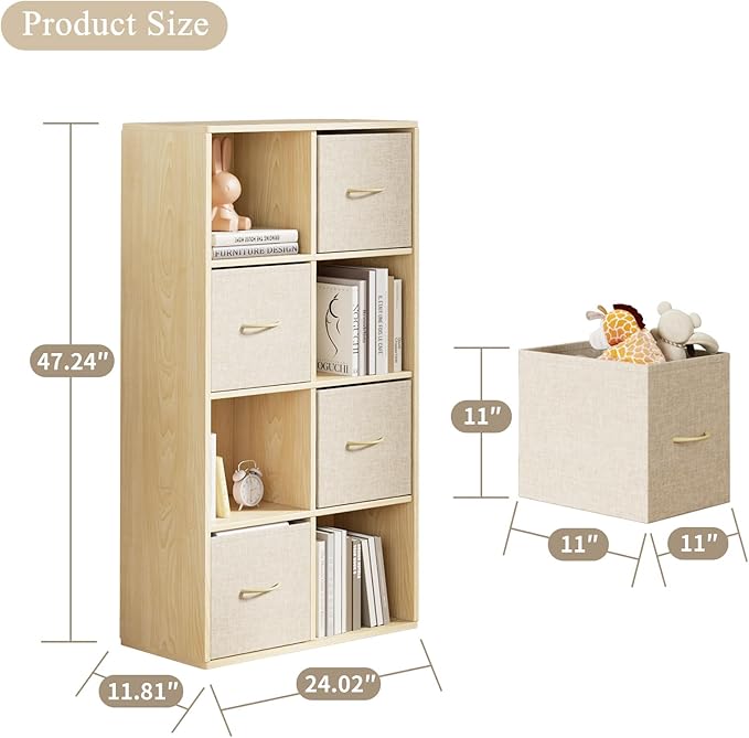 EXPERLAM 8 Cube Storage Organizer - Solid Wood Bookshelf with 4 Storage Bins, Cube Shelf with 2 Removable Back Panels, Vertic