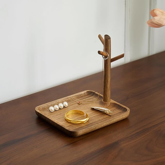 Solid Acacia Wood Key Tray and Bowl for Entryway Table - Jewelry Tray With 3 Hooks, Open Storage for Wallet, Glasses, Watches
