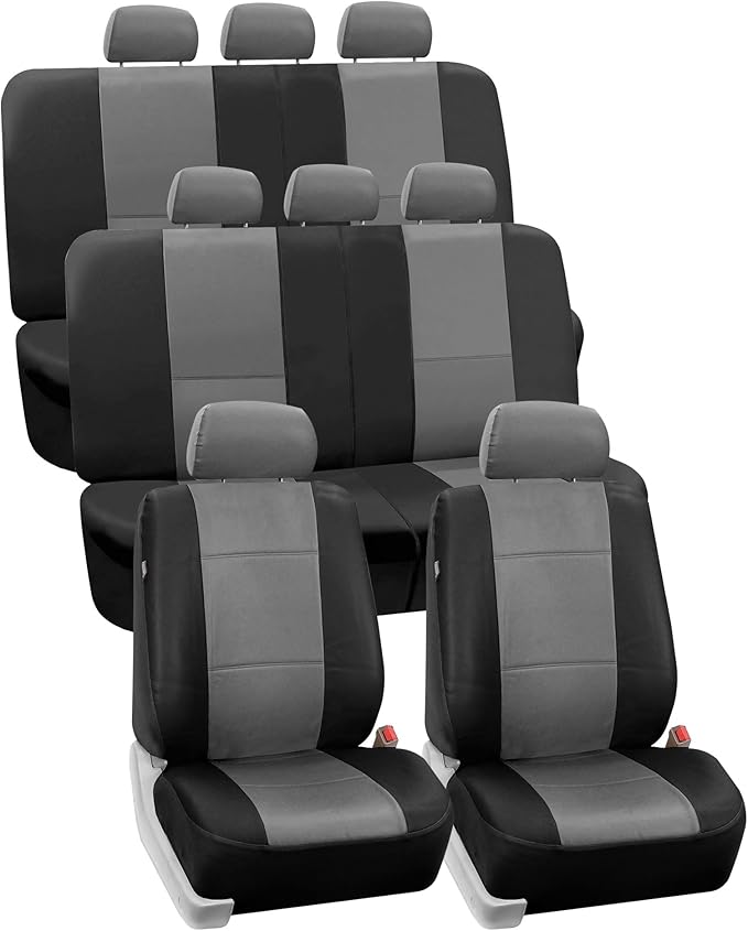 FH Group Car Seat Covers PU Leather 3 Row 8 Seater Car Seat Covers, Airbag Compatible and Split Bench - Fit Most Car, Truck, 