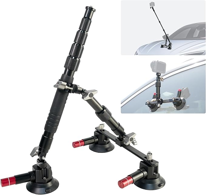 FIFIELD Triple Suction Cup Car Mount Kit with 2in1 Selfie Stick, CNC Machined Quick Release Adjustable Extension Mount for Windshield Dashboard Hood, Compatible with GoPro Insta360 DJI Action Cameras
