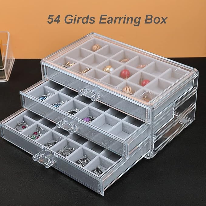 YUFONG Earring Organizer Box Acrylic Jewelry Organizer with 3 Drawers 54 Adjustable Grids Clear Stackable Earring Holder Velv