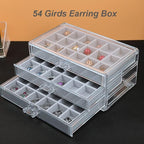 YUFONG Earring Organizer Box Acrylic Jewelry Organizer with 3 Drawers 54 Adjustable Grids Clear Stackable Earring Holder Velv