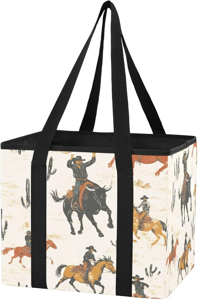 Western Cowboy Reusable Grocery Bags Large Shopping Tote Bag with Reinforced Bottom Board, Water Resistant Foldable Storage B