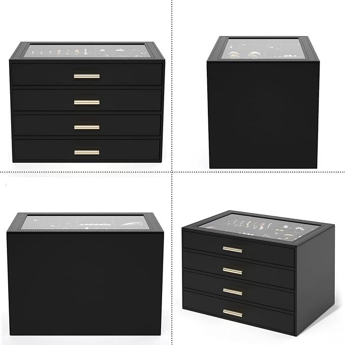 AKOZLIN Jewelry Box with Clear Lid Functional Leather Jewelry Storage Organizer Case 4 Drawers for Women Girls Necklace Ring 