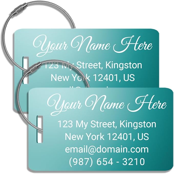 Custom Bag Tags for Luggage, Personalized Luggage Tags for Suitcases - Laser Engraved Metal Tags- Pack of 2 (Aqua Marine, 2x3