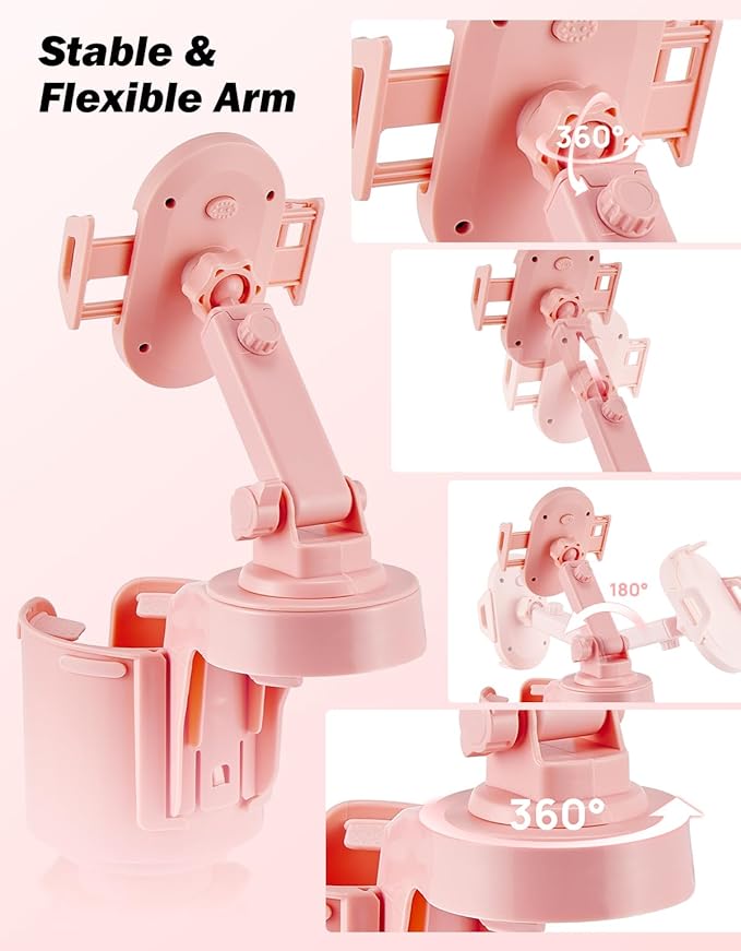 JOYTUTUS Cup Holder Phone Mount for Car, Car Cellphone Large Adapter Long Arm with 360 Degree Rotation, Compatible iPhone, Samsung & All Smartphones,Pink,1 Pack