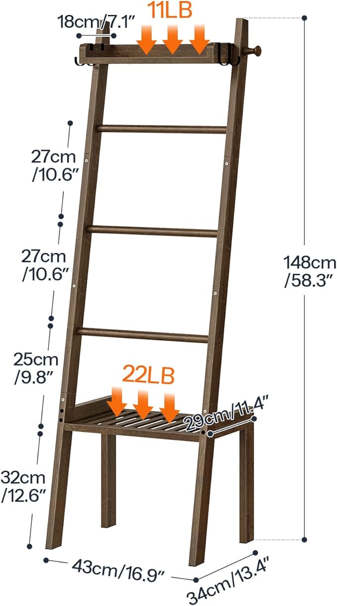 HOOBRO Blanket Ladder, 5 Tier Bamboo Ladder Shelf, Blanket Ladders for Living Room and Bedroom, Farmhouse Blanket Holder Rack